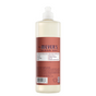 A bottle of Mrs. Meyer's Dish Soap with a red label and white cap featuring product information and ingredients for this natural, effective degreaser.