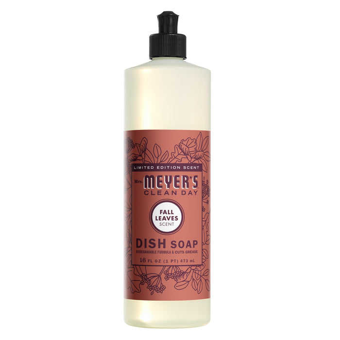 A limited edition Mrs. Meyer’s Happy Harvest Essentials Set in Fall Leaves scent, featuring a floral design label, black flip-top cap, and 16 fl oz (473 mL) bottle.