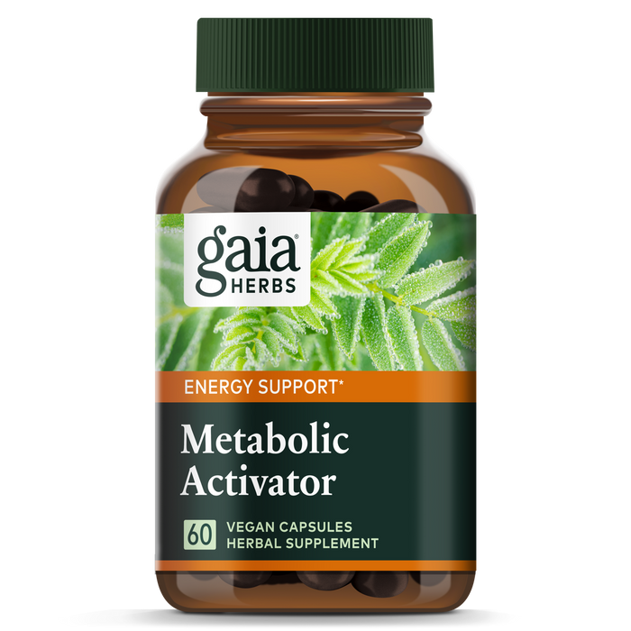 A brown bottle labeled gaia HERBS Metabolic Activator with a green cap, containing 60 vegan capsules. The label features a green leaf with dew and text indicating it is an herbal supplement for energy support.