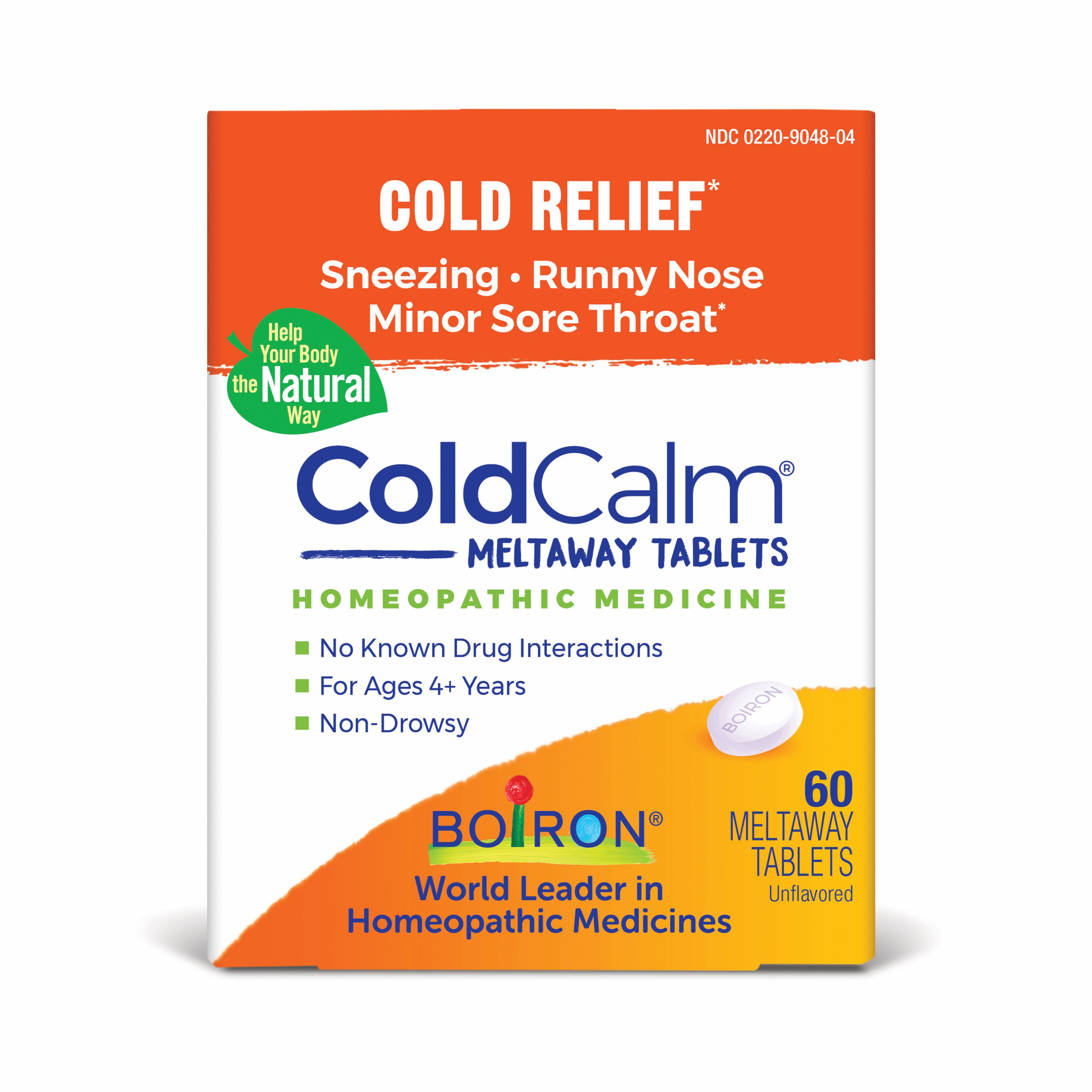 Try Boiron’s ColdCalm, a non-drowsy, homeopathic remedy for ages 4+, offering sneeze, runny nose, and sore throat relief. This box contains 60 unflavored meltaway tablets with no drug interactions.