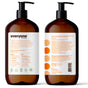 Two brown pump bottles of Everyone soap are shown front and back. The front highlights the brand, scent (citrus and mint), and key features. The back lists ingredients, usage instructions, and has orange circle graphics.