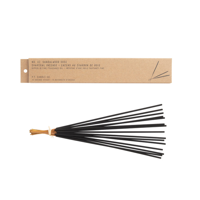 A bundle of black incense sticks tied with a tan string is shown below a brown rectangular box labeled “No. 22: Sandalwood Rose” charcoal incense. The packaging features minimalist black text and simple stick illustrations.