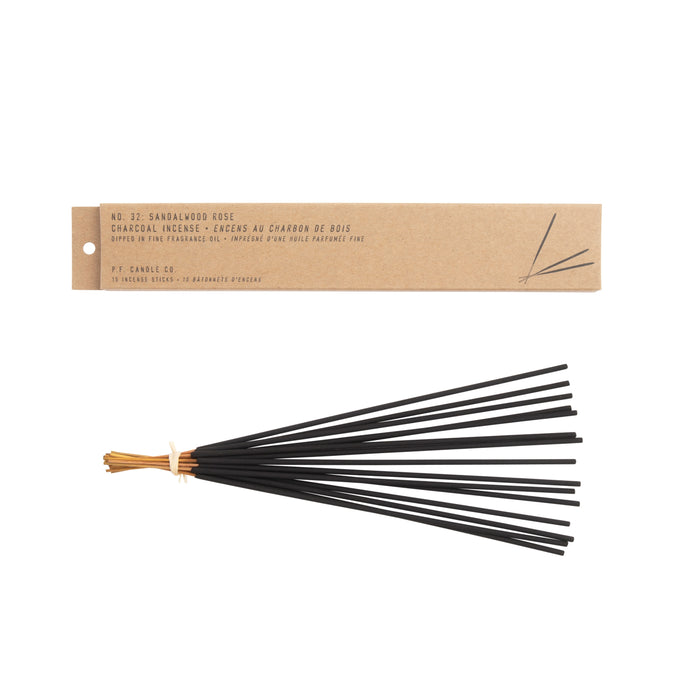 A bundle of black incense sticks tied with a tan string is shown below a brown rectangular box labeled “No. 22: Sandalwood Rose” charcoal incense. The packaging features minimalist black text and simple stick illustrations.