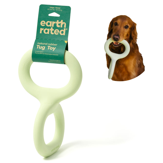 The Natural Rubber, Ergonomic Dog Tug Toy (Large) by Earth Rated is a green interactive play toy for large dogs, featuring a dog face on the left. A photo in the top right shows a brown dog enjoying this delightful rope alternative.