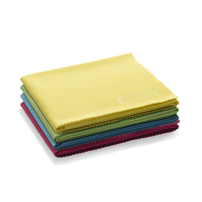 A stack of five folded microfiber cleaning cloths in various colors, including yellow, green, blue, teal, and red, placed on a white background.