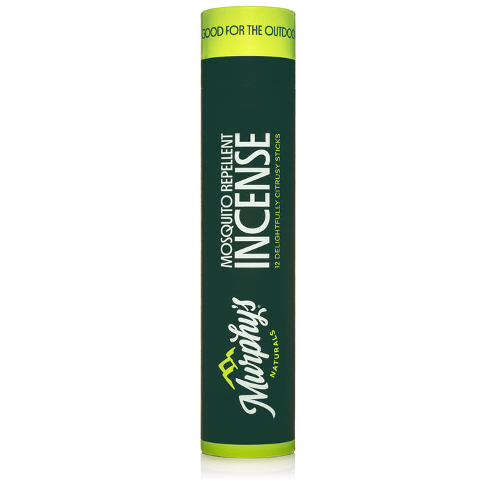 A green cylindrical container labeled Mosquito Repellent Incense with 12 Delightfully Citrusy Sticks and Nutrapel Naturals branding. The top reads GOOD FOR THE OUTDOORS.