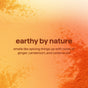 An orange textured background shows “earthy by nature” in bold, then “Micro Buffing Body Wash by method—smells like ginger, cardamom & cedarwood.” below in smaller text. Features a cruelty-free formula.