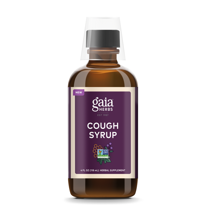 A brown bottle of Gaia Herbs Cough Syrup with a purple label, clear plastic cap, and images of elderberries and leaves on the label. The bottle contains 4 fl oz (118 mL) of herbal supplement.