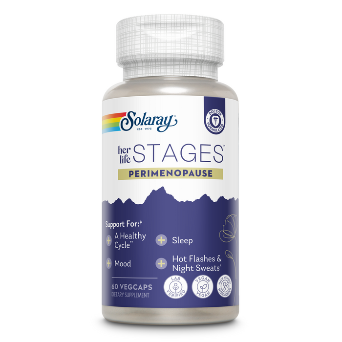 A bottle of Solaray Her Life Stages Perimenopause dietary supplement, featuring a white label with blue and purple accents. The label highlights support for mood, sleep, healthy cycle, hot flashes, and night sweats.