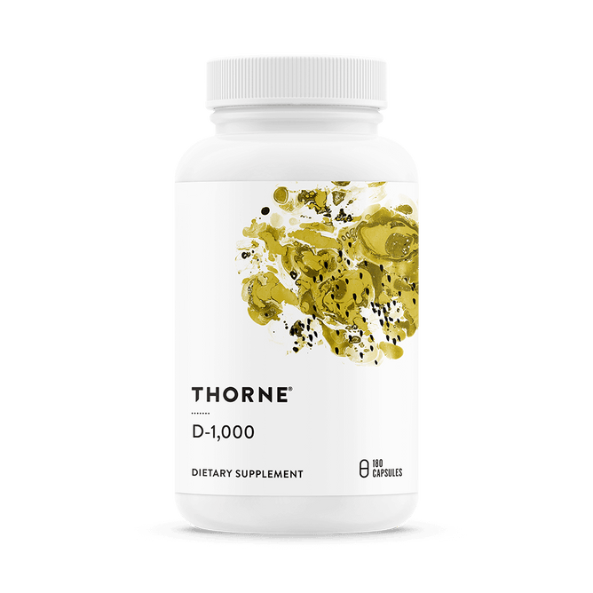 A white bottle of Thorne Vitamin D-1,000 features a yellow abstract label design and contains 180 capsules to support bone health and immune function.