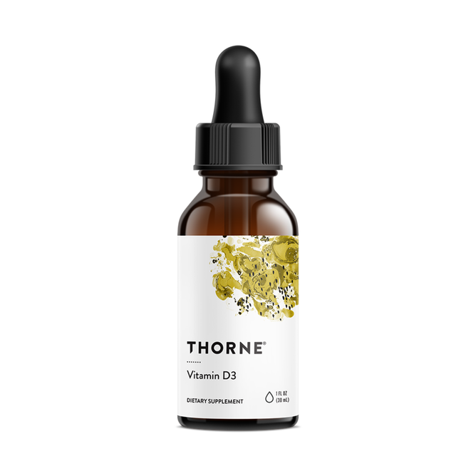 A brown glass dropper bottle labeled Thorne Vitamin D3 Liquid Drops features a white and yellow abstract design. This 1 fl oz supplement offers easy, customizable dosing of liquid vitamin D3.