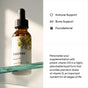 Thorne Vitamin D3 Liquid Drops bottle sits on a glass shelf; text highlights immune and bone support, foundational benefits. Description notes precise liquid dosing for all ages.