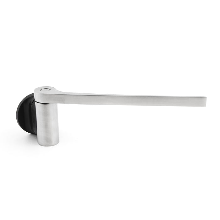 The Magnetic Dishcloth Holder by HAPPY SiNKS features an elongated, sleek, modern design and a brushed metal finish with a black base. Its easy installation is facilitated by the Magnet Fitting System, reflecting minimalist contemporary aesthetics.