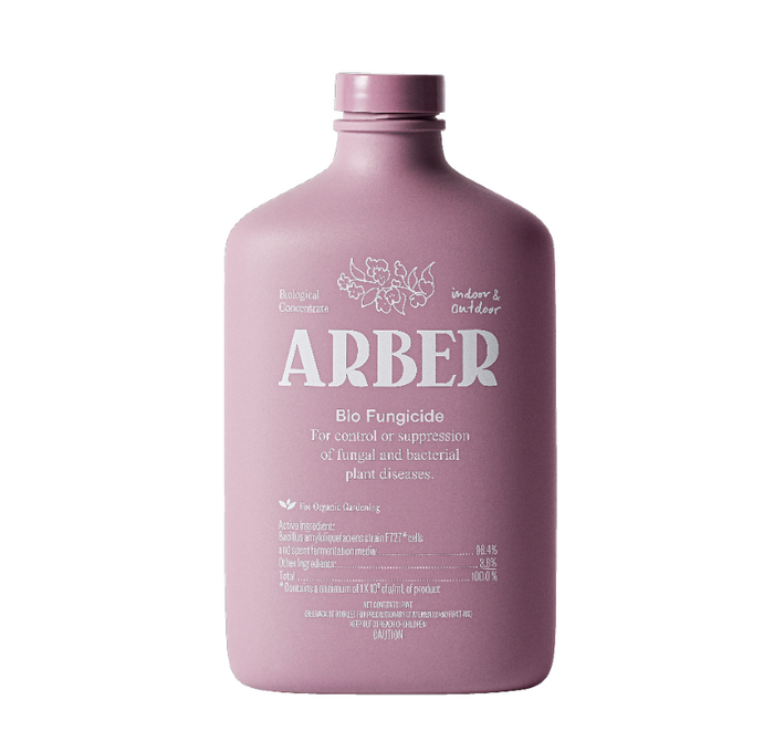A mauve bottle labeled ARBER Bio Fungicide for indoor and outdoor use, designed to control or suppress fungal and bacterial plant diseases. The bottle has white text and a minimalist floral graphic.
