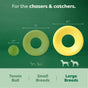 Image showing a tennis ball next to two yellow ring toys labeled for small and large dog breeds. The small ring is 7.2 inches, and the large ring is 8.7 inches. Text reads, 