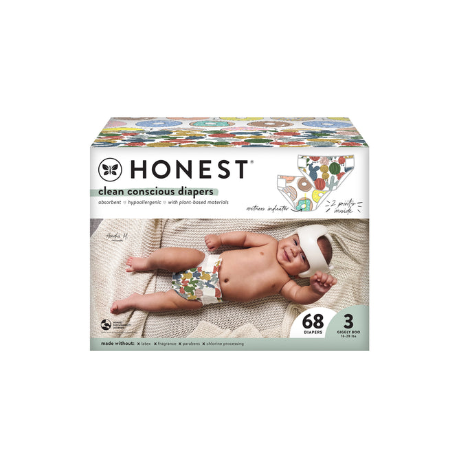 The Honest Company’s Clean Conscious™ Disposable Diapers Box features 68 size 3 diapers, depicting a baby with vibrant patterns. Promoting advanced absorption and hypoallergenic materials, it ensures excellent blowout protection.