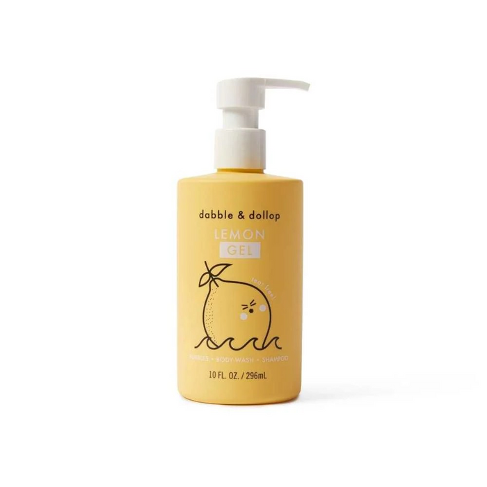 A yellow pump bottle labeled dabble & dollop LEMON GEL with an illustration of a lemon. The bottle contains 10 fl. oz. (296 ml) and is described as bubble bath, body wash, and shampoo.