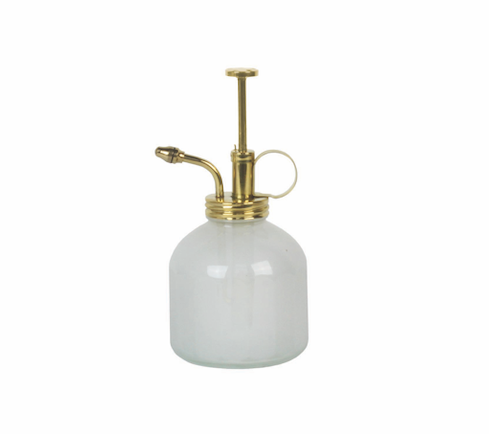 A clear glass plant mister with a gold metal pump and nozzle, set against a plain white background.