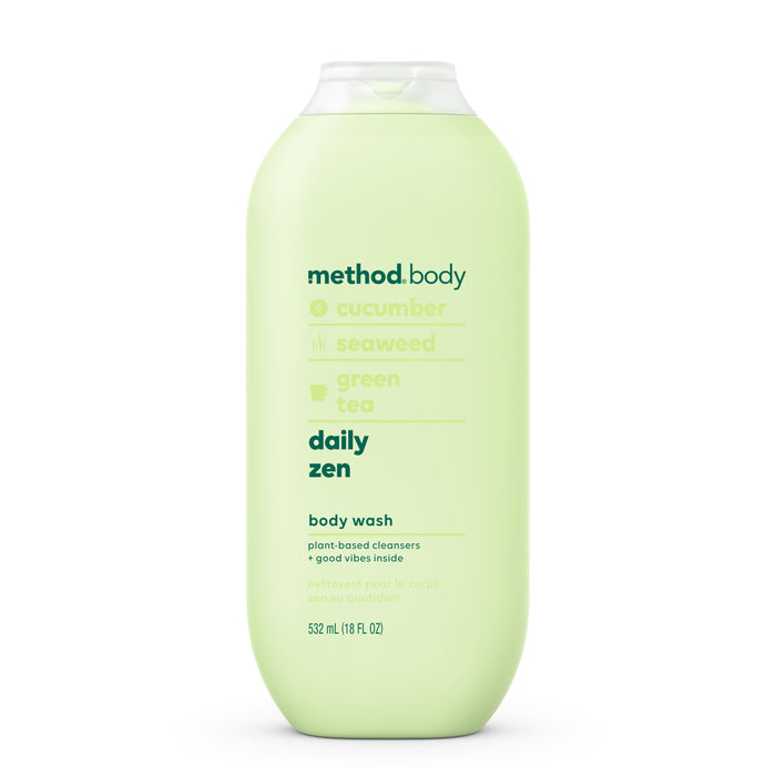 The method Shampoo, Conditioner & Body Wash Starter Set - Daily Zen comes in a light green 532 mL (18 fl oz) bottle with modern text design, featuring cucumber, seaweed, and green tea for a refreshing routine.