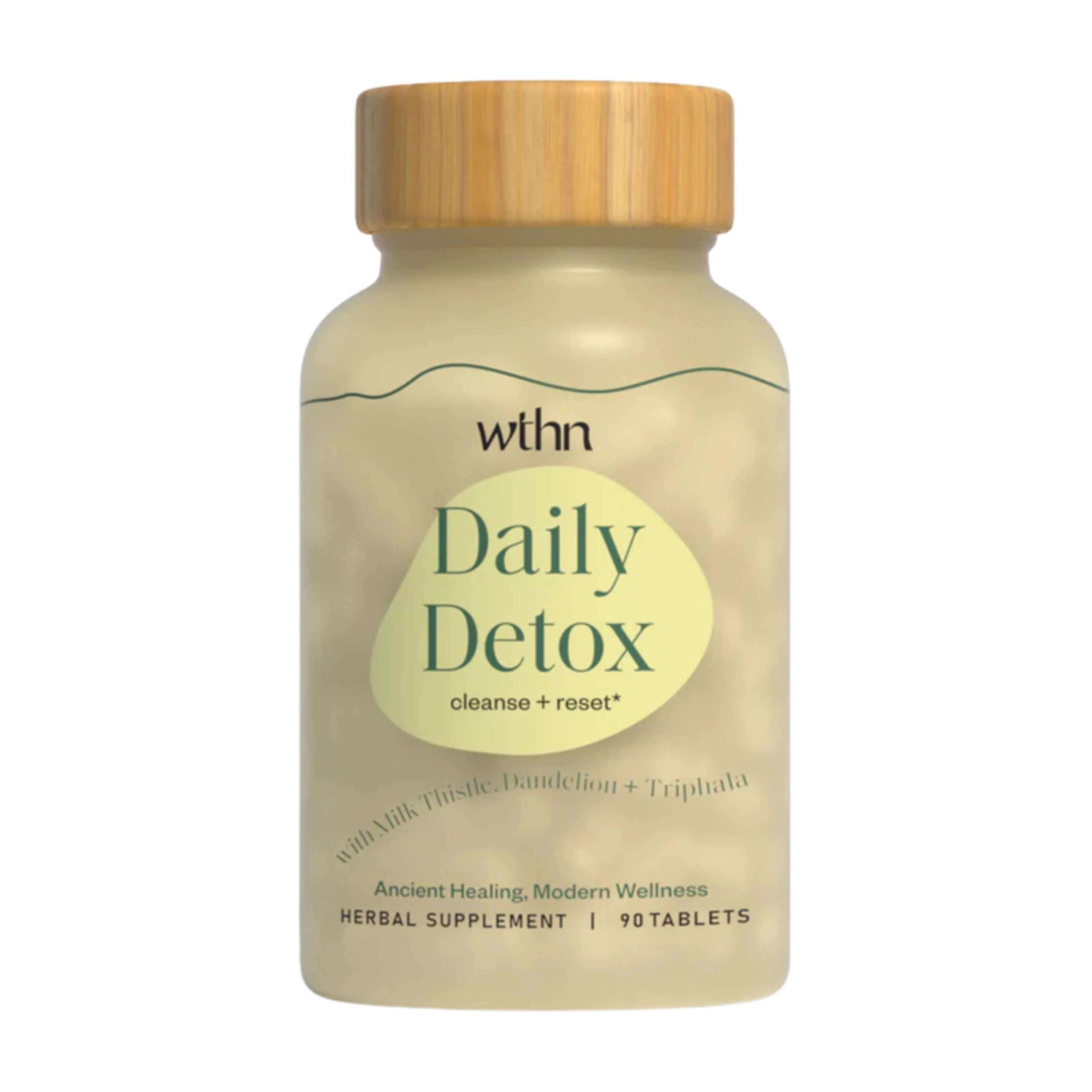 A bottle of WTHN Daily Detox herbal supplement, labeled cleanse + reset with ingredients milk thistle, dandelion, and triphala. The bottle contains 90 tablets and has a wooden-textured cap.