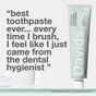 A tube of Davids Premium Toothpaste - Whitening + Antiplaque stands upright next to a clear glass. Large text features a customer review, praising the fluoride free formula and noting it feels like a dental hygienist cleaning. “Verified Buyer of peppermint” appears at the bottom.