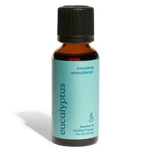 Grove Co.s Organic Eucalyptus Essential Oil in a small amber bottle with a black cap features stimulating aromatherapy and certified organic. The 1 FL OZ (30 mL) bottle, with its teal minimalist label, promises invigorating natural benefits.