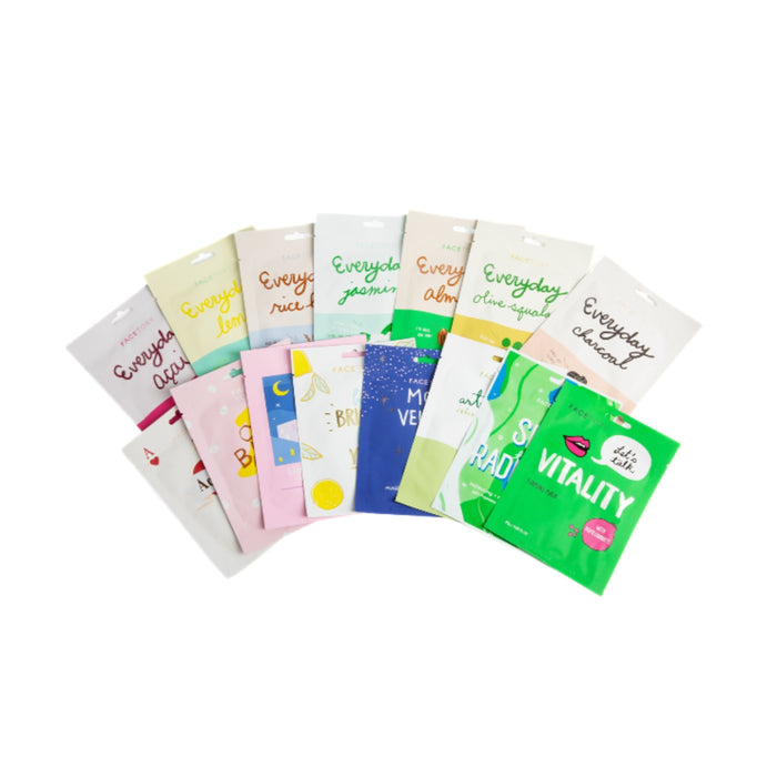 A variety of colorful sheet mask packets are arranged in a fan shape on a white background. Each packet features different designs and text, indicating various types and benefits.