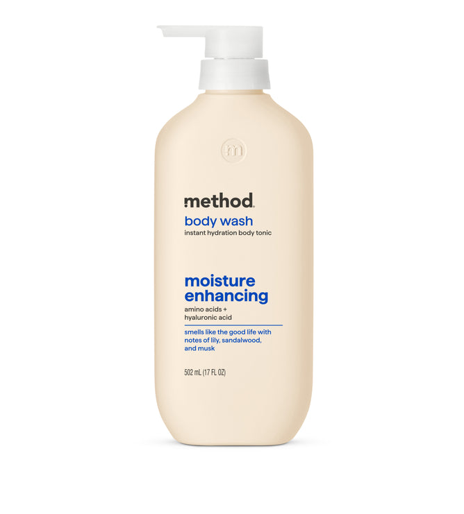 The method Moisture Enhancing Body Wash is a 502 mL beige bottle with a pump, labeled "moisture enhancing, amino acids + hyaluronic acid." It features lily, sandalwood, and musk notes and is cruelty free.
