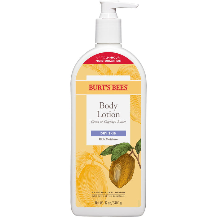 A bottle of Burts Bees Body Lotion for Dry Skin with Cocoa & Cupuaçu Butters, featuring a pump top and labeled for up to 24-hour moisturization. The bottle is white with yellow accents and an image of cocoa pods.