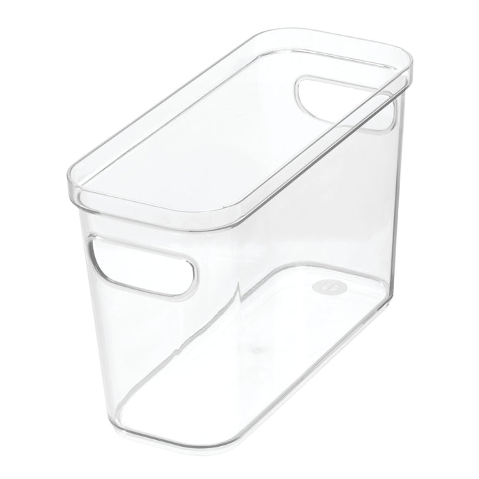 A clear rectangular plastic storage bin with rounded corners and built-in handles on both shorter sides. The container is empty and shown against a white background.