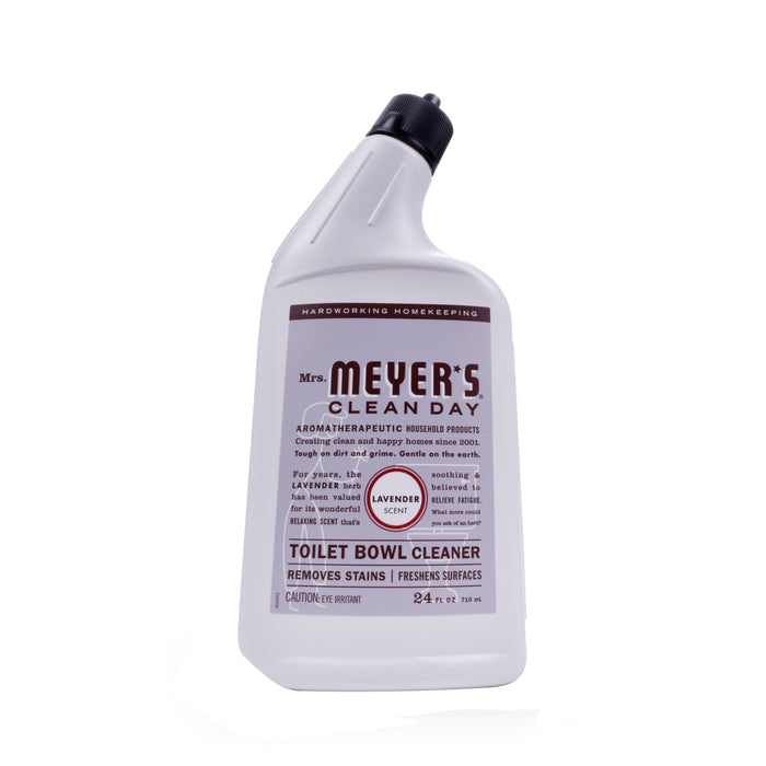 A white bottle of Mrs. Meyer’s Clean Day Toilet Bowl Cleaner with a lavender scent, featuring a tilted black cap and purple text on the label. The product claims to remove stains and freshen surfaces.