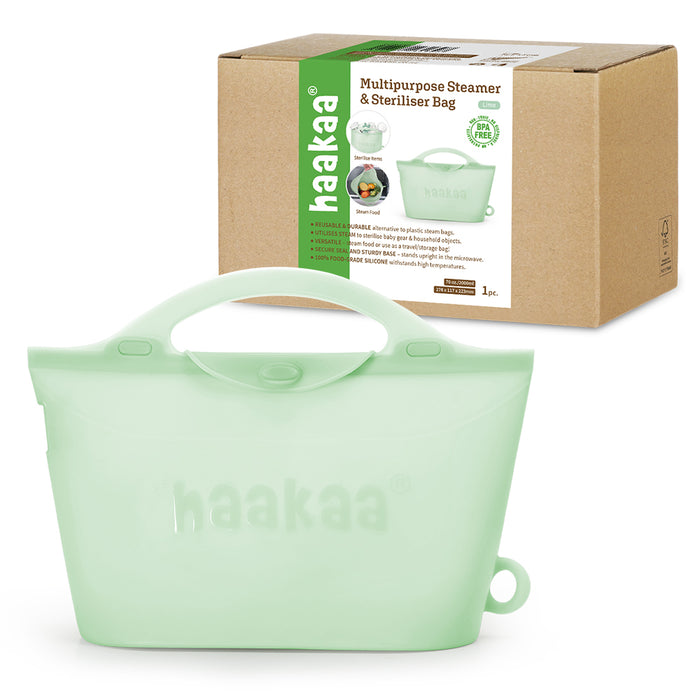 Light green Haakaa multipurpose steamer and steriliser bag with handle, shown in front of its brown packaging box with product label and images. The bag has the Haakaa logo embossed on the front.