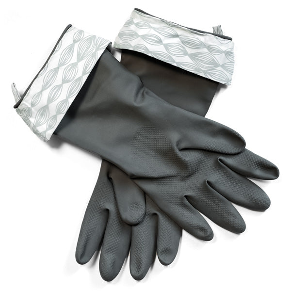 Grove Co.s Cleaning Gloves come in dark gray with light gray patterned cuffs. Made from durable latex, they have textured palms and fingertips for better grip, making them perfect for efficient cleaning. Laid flat and overlapping, theyre showcased on a white background.
