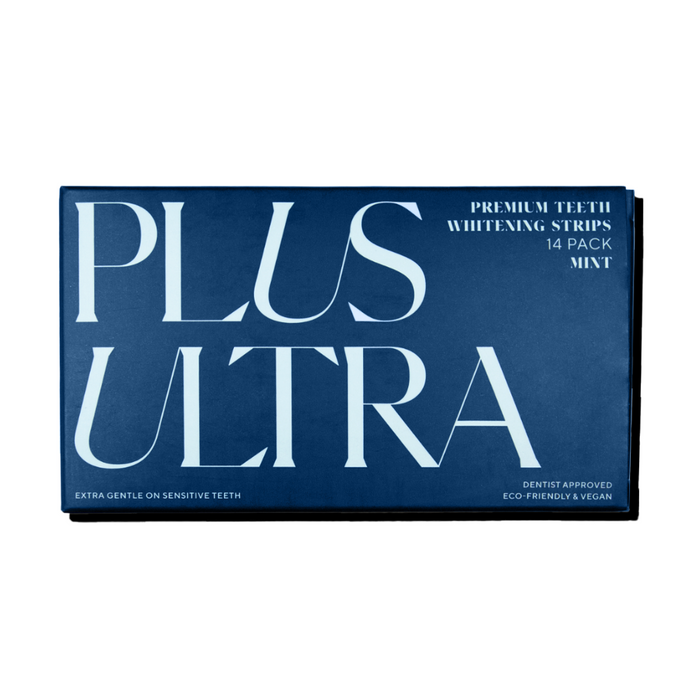 A blue box labeled PLUS ULTRA containing premium teeth whitening strips, 14 pack, mint flavor. Features claims such as extra gentle on sensitive teeth, dentist approved, eco-friendly, and vegan.