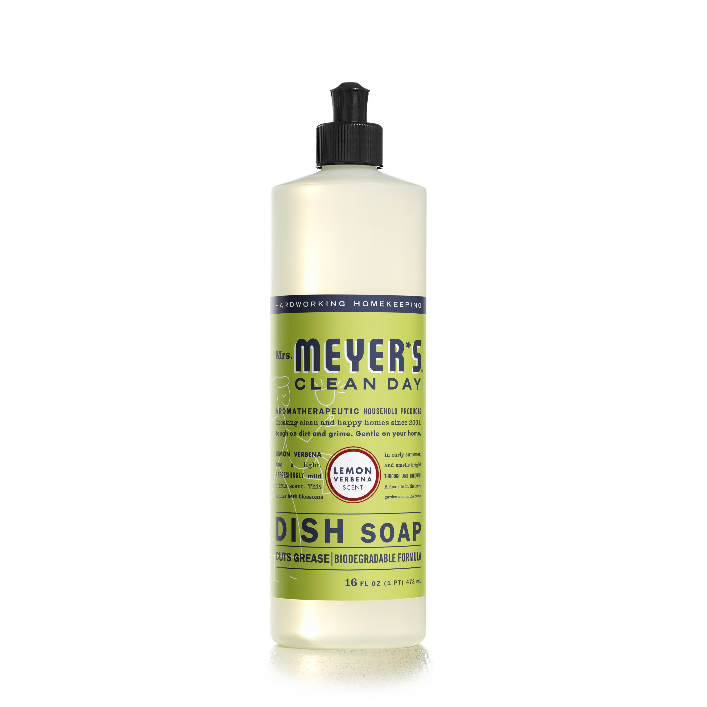 Mrs. Meyers Dish Soap in lemon verbena scent has a natural degreaser formula. The green and yellow label with black and white text highlights its phthalates-free assurance, and it features a black dispensing cap. The bottle contains 16 fl oz (473 ml) of soap.