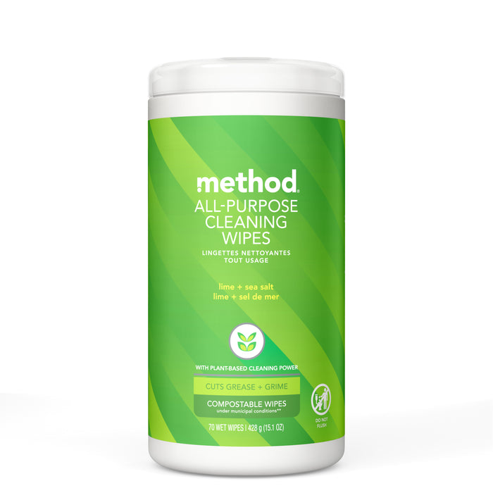 A container of Method All-Purpose Cleaning Wipes in lime + sea salt scent, featuring a green label with white text and icons for plant-based and compostable benefits, holding 70 wet wipes.