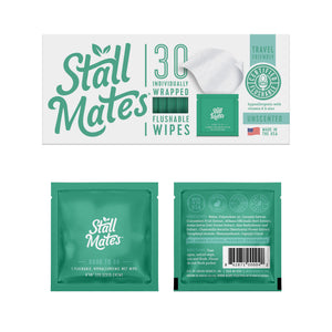 Image of Stall Mates Flushable Wipes - Individually Wrapped package highlighting 30 Individually Wrapped and Travel-Friendly. Shows front and back views of a green packet. These hypoallergenic, unscented wipes are made in the USA.