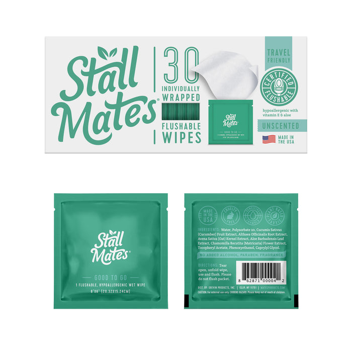 Packaging for Stall Mates flushable wipes: a box showing 30 individually wrapped flushable wipes, unscented, travel friendly, hypoallergenic, made in the USA, with front and back views of a single wipe packet.