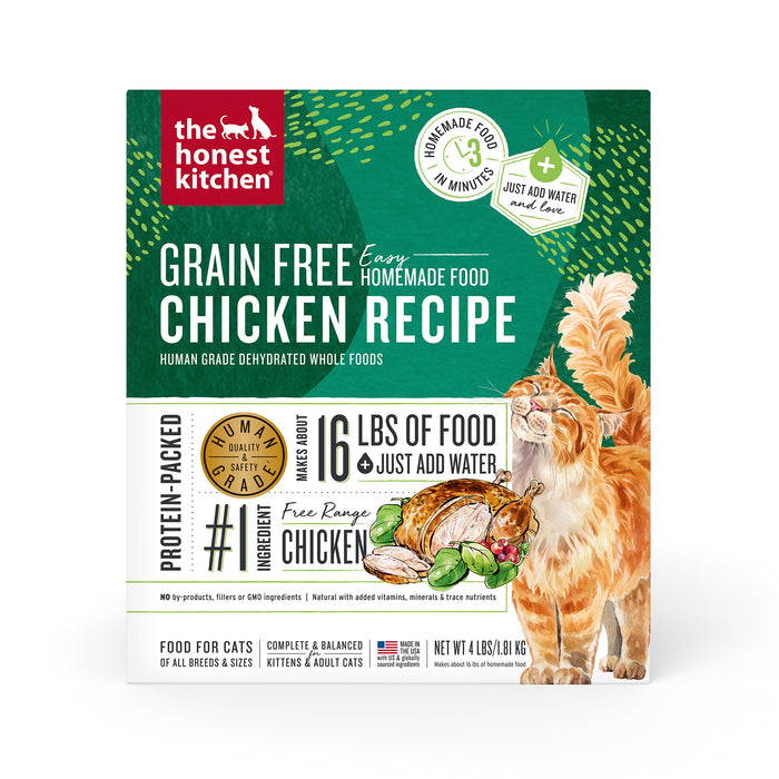 A green and white box of The Honest Kitchen Grain Free Chicken Recipe dehydrated cat food, featuring images of a cat, a chicken, and prepared food, with text highlighting protein content and ingredients.