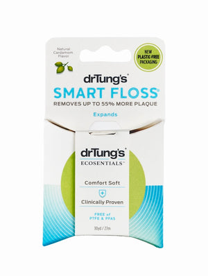 Discover Dr. Tungs Smart Floss®, made with eco-friendly materials and natural cardamom flavor. It’s in plastic-free packaging, expands for comfort, removes 55% more plaque, and contains no PTFE & PFAS. Available in 30 yards/27 meters.