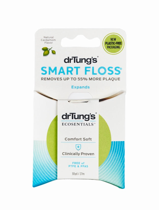 Front of a box of drTung’s Smart Floss in new plastic-free packaging. The label highlights natural cardamom flavor, comfort soft texture, clinical proof, and being free of PTFE and PFAs.