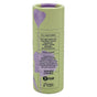 A cylindrical, pale green skincare product container with purple heart designs and text highlighting it as all natural, women-owned, animal test-free, and supporting 1% for the Planet.