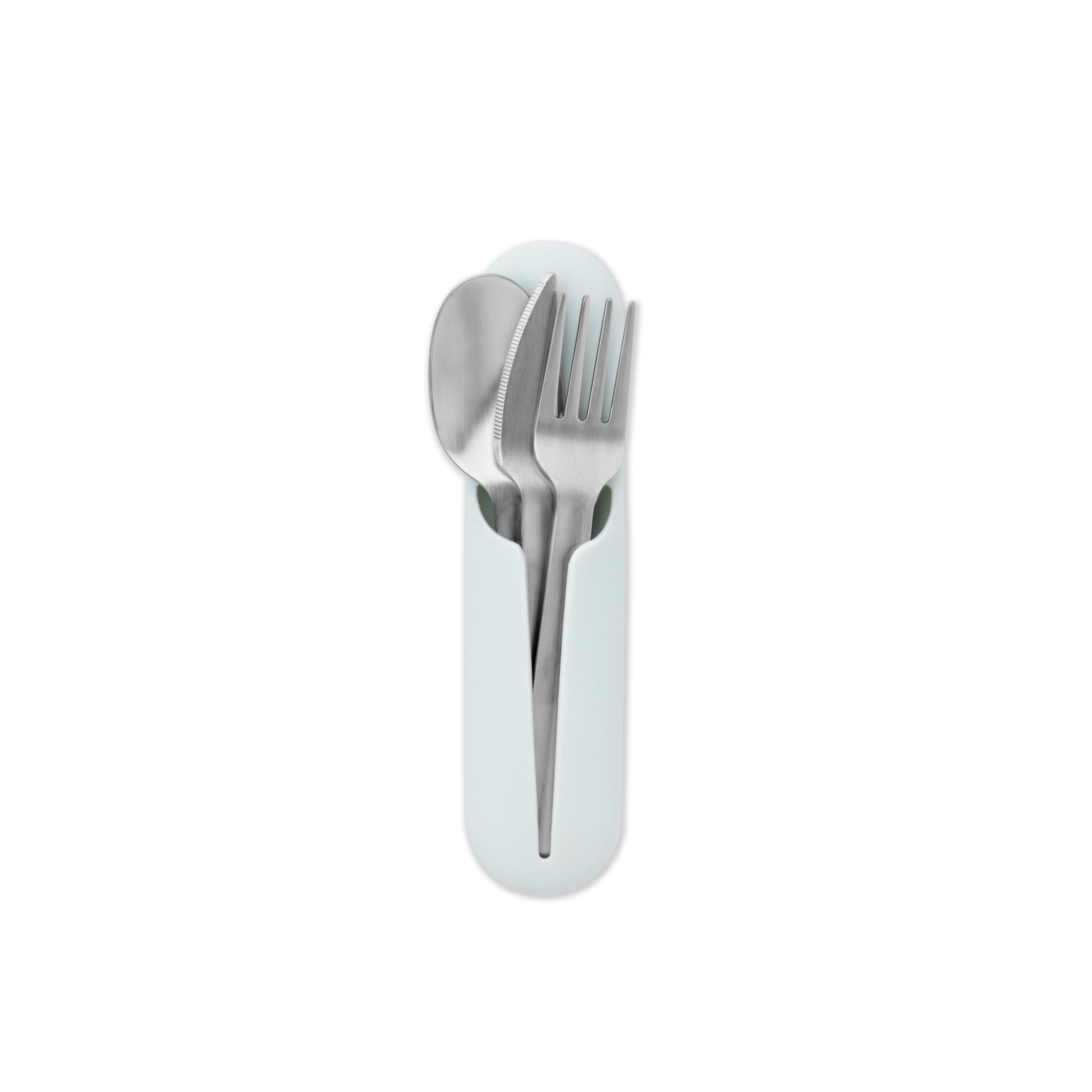 W&Ps Utensil Set features a stainless steel fork and spoon in a light green plastic case, ideal for travel, displayed vertically on a white background.