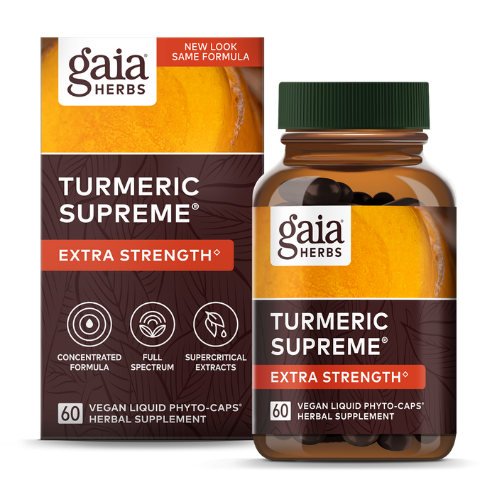 A bottle and box of Gaia Herbs Turmeric Supreme Extra Strength vegan liquid phyto-caps herbal supplement, featuring orange and brown packaging with turmeric root imagery. The label highlights 60 capsules and extra strength formula.