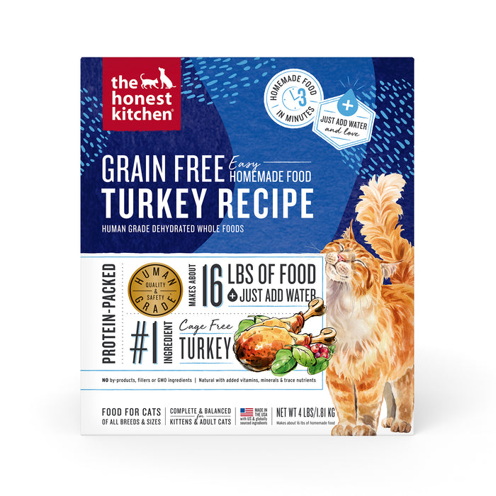 A box of The Honest Kitchen Grain Free Turkey Recipe cat food featuring a large orange cat stretching, product details, images of turkey and vegetables, and claims like protein-packed and makes about 16 lbs of food.