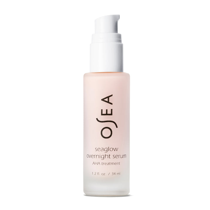 A frosted glass bottle of OSEA Seaglow Overnight Serum with a white pump dispenser and minimalist label displaying the product name and size (1.2 fl. oz. / 34 ml).