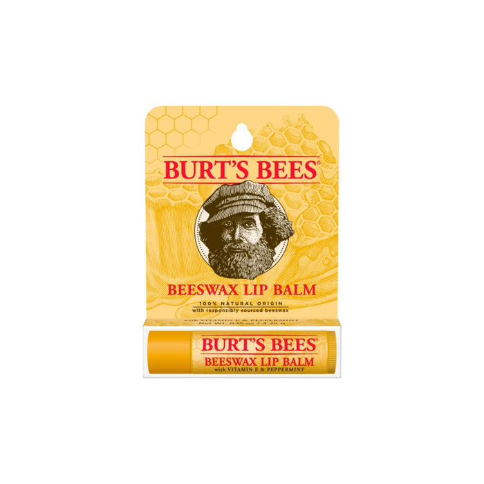 A packaged tube of Burt’s Bees Beeswax Lip Balm with Vitamin E & Peppermint, featuring a yellow design, honeycomb graphics, and an illustrated bearded man on the front.
