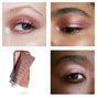 Four images showing shimmery mauve eyeshadow on three different skin tones and a mauve tube labeled rms eyeshadow halo with a smear of the same color underneath.