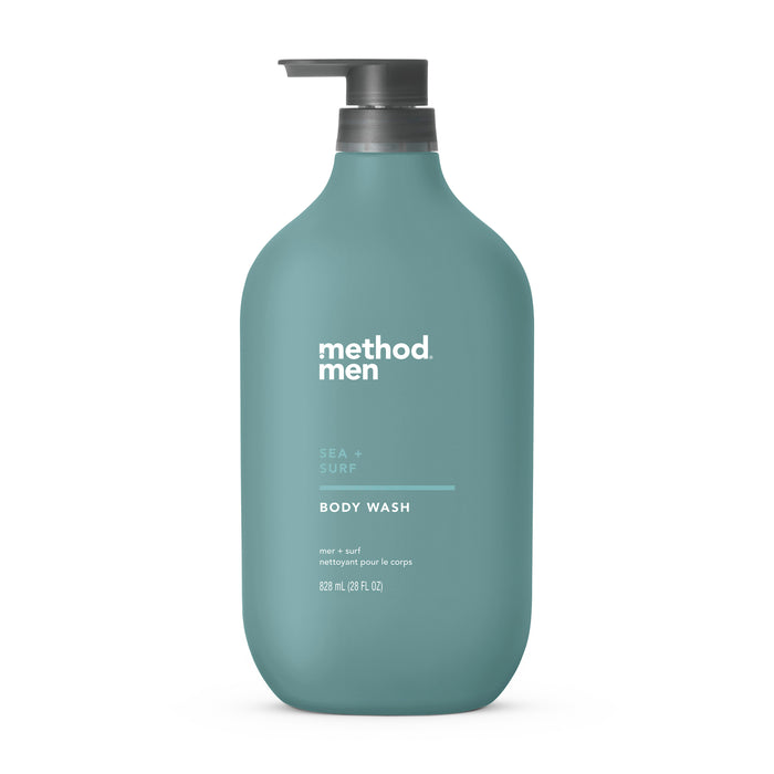 A teal bottle of Method Men Sea + Surf body wash with a black pump top. The label includes the brand and product name in white text. The bottle contains 28 fl oz (828 mL) of body wash.