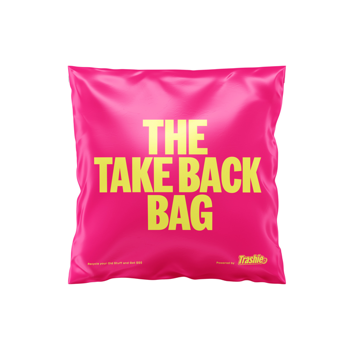 A bright pink bag with large yellow text that reads THE TAKE BACK BAG. In the bottom right corner, there is a small yellow logo that says Trashie. The bag is set against a plain white background.